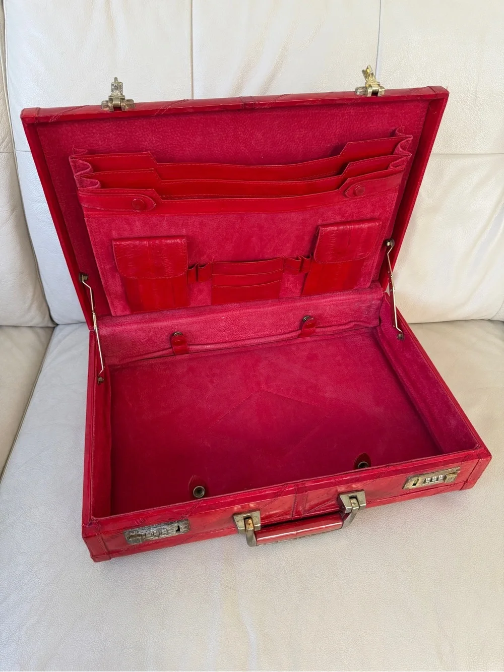 vintage red eel skin leather attaché briefcase features